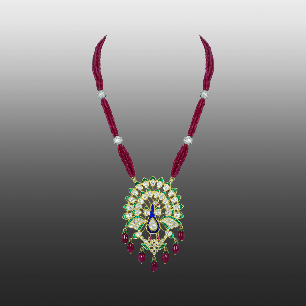 Peacock Pendant Necklace with Polki, Green Enamel, and Ruby Drops